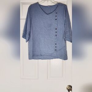 Unbranded XL Stone Blue LINEN Blend  3/4 Sleeve Lagenlook Women's Top Blouse